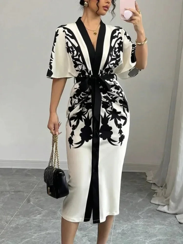 Robe Élégante Trapèze Femme – Col en V, Imprimé Floral, Taille Ceinturée, Style Bureau Urbain