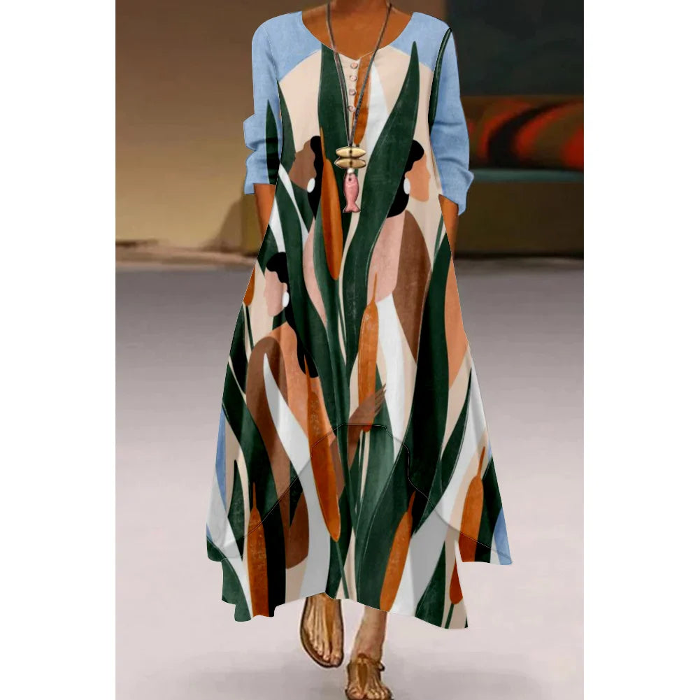 Robe Longue Décontractée à Manches Imprimé, à la Mode, pour automne