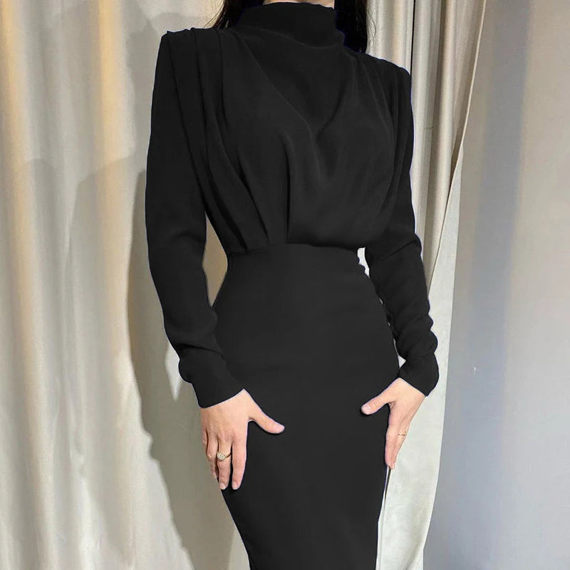 Robe Manches Longue Élégante Dame Soirée Demi Col haut Empilé