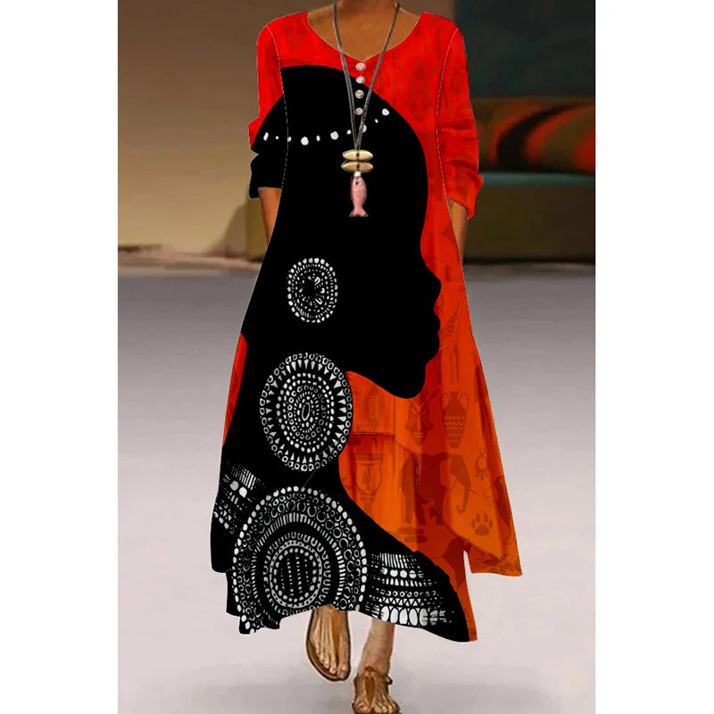 Robe Longue Décontractée à Manches Imprimé, à la Mode, pour automne