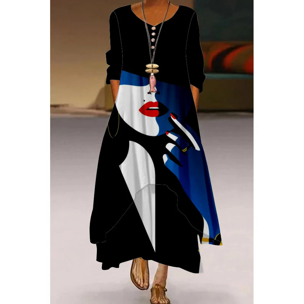 Robe Longue Décontractée à Manches Imprimé, à la Mode, pour automne