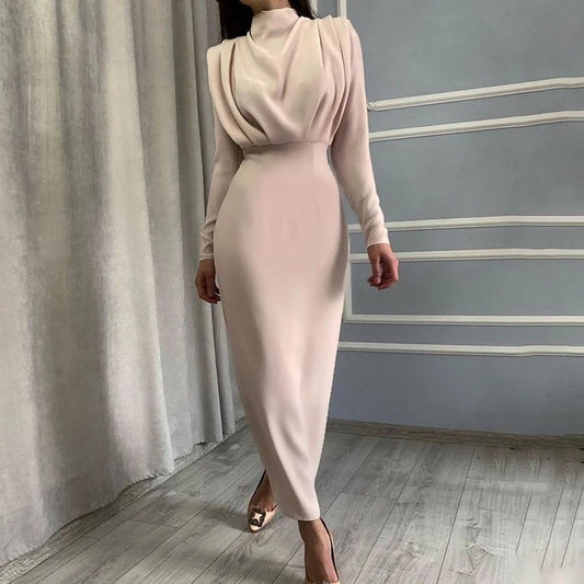 Robe Manches Longue Élégante Dame Soirée Demi Col haut Empilé