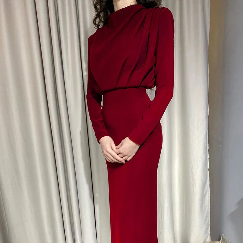 Robe Manches Longue Élégante Dame Soirée Demi Col haut Empilé