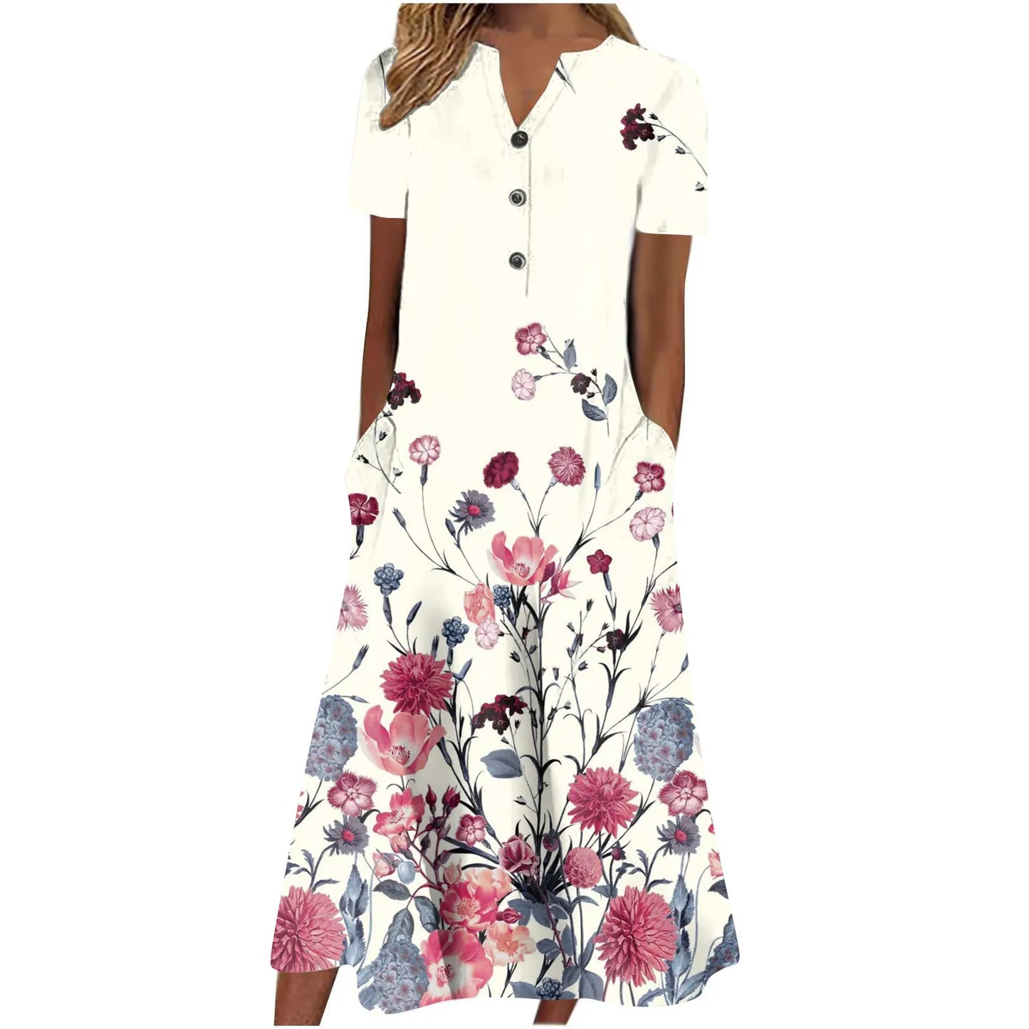 Robe V-Neck Bouton Manches Courtes  Elégant D’été Imprimé