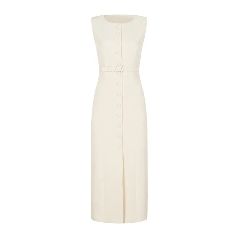 Robe Longue Femme – Décontractée, Unie, Sans Manches, Col Rond, Taille Cintrée  Lacets, Boutonnage, Chic