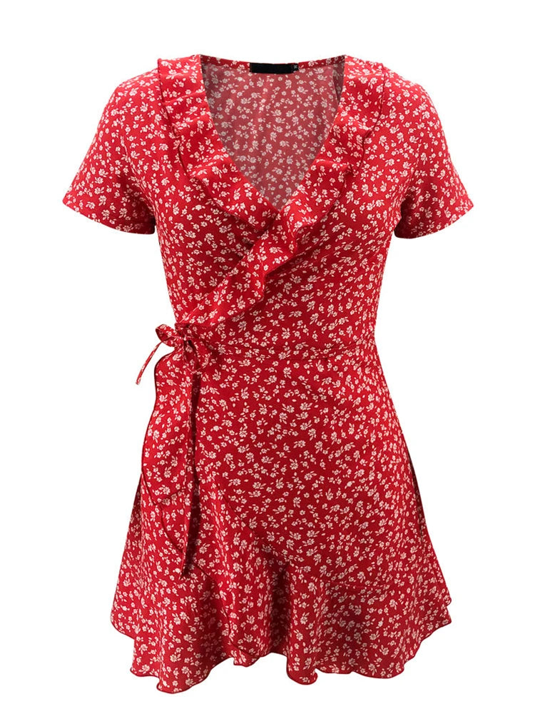 Robe Courte à Fleurs – Trapèze Flottante Été, Col V, Volants Élégants, Bretelles, Chic