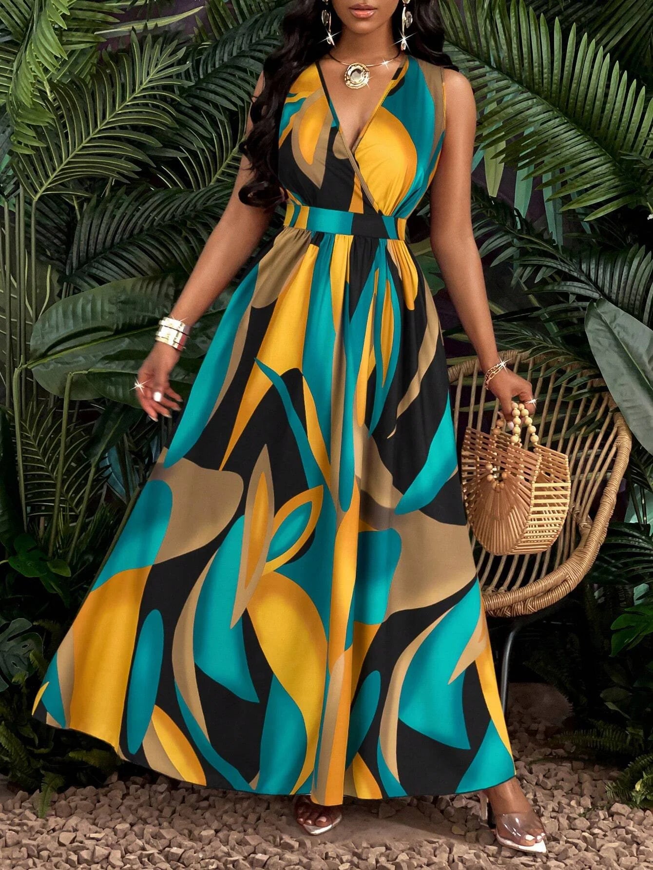 Robe en tricot torsadé, imprimé Tropical, col en v