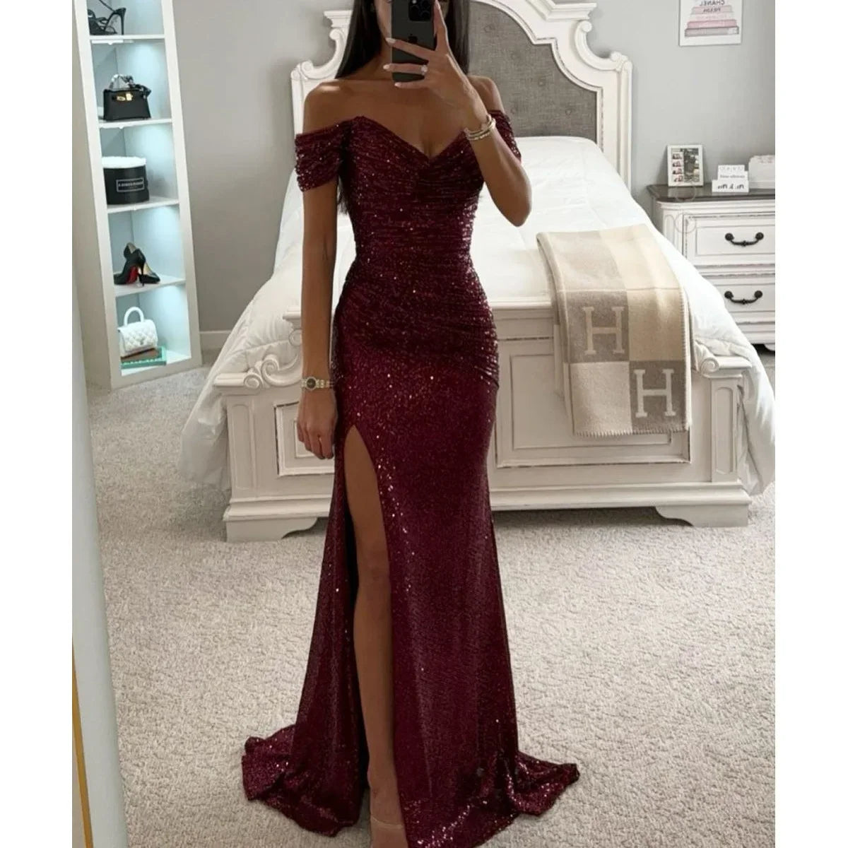 Robe de Soirée Fendue à Paillettes