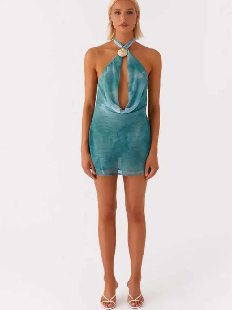 Mini Robe – Dos Nu Croix, Col Licou, A Ligne, Sans Manches, Robe à Lacets Chic
