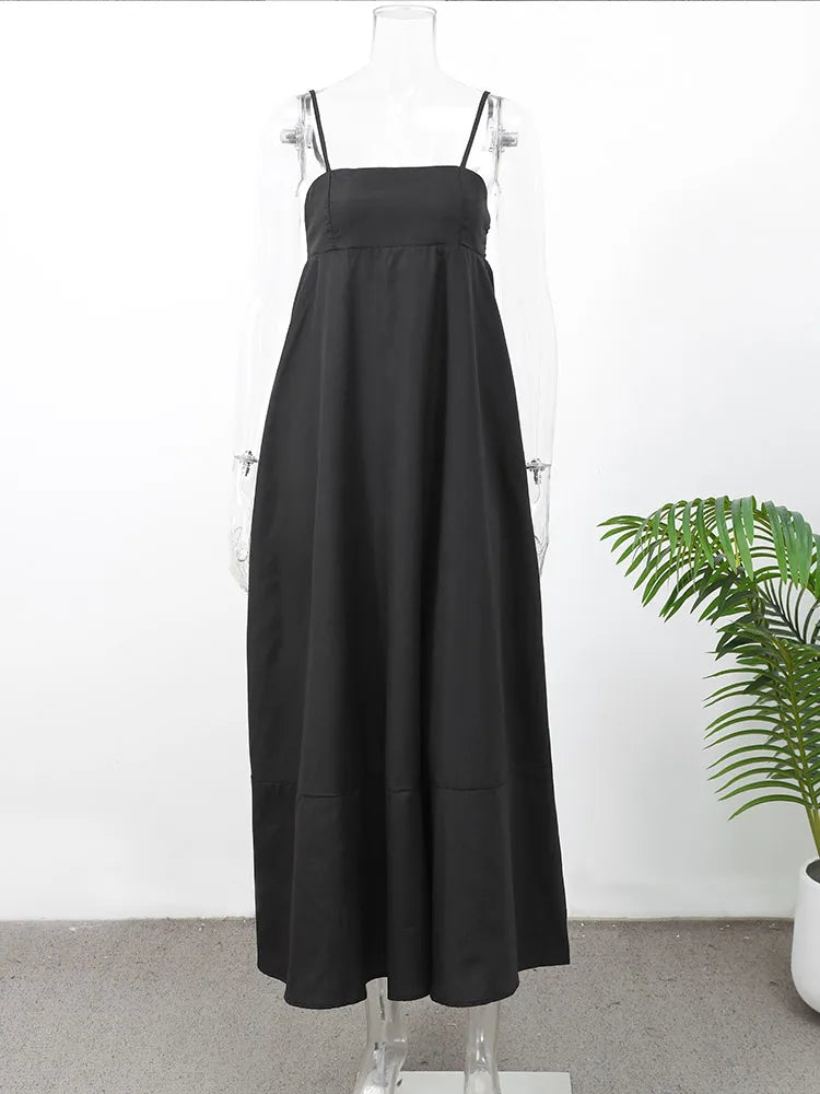 Robe Longue Noire Dos Nu Femme – Décontractée Chic, Ample, Taille Haute, Col Carré, Vacances Été