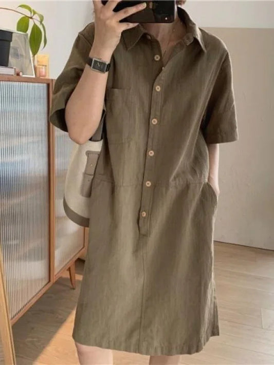 Robe Chemise Mi-Longue en Coton & Lin
