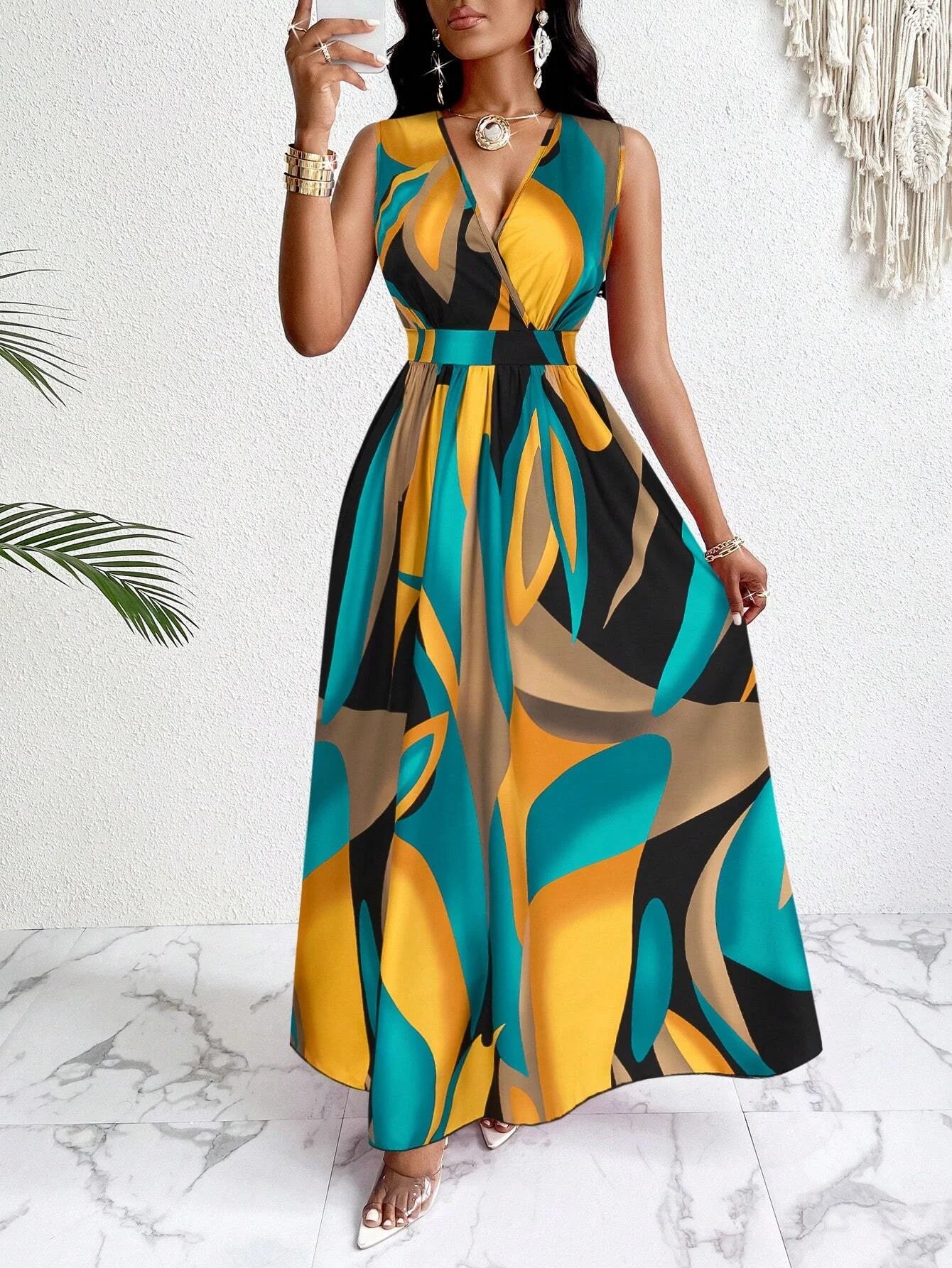 Robe en tricot torsadé, imprimé Tropical, col en v