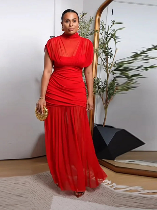 Robe Longue Rouge en Maille Transparente