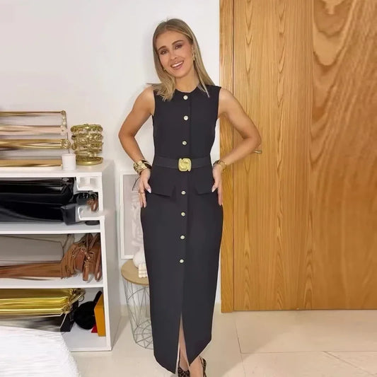 Robe Mi-Longue Sans Manches, Chic Bureau, Boutonnée avec Ceinture, Élégante & Décontractée