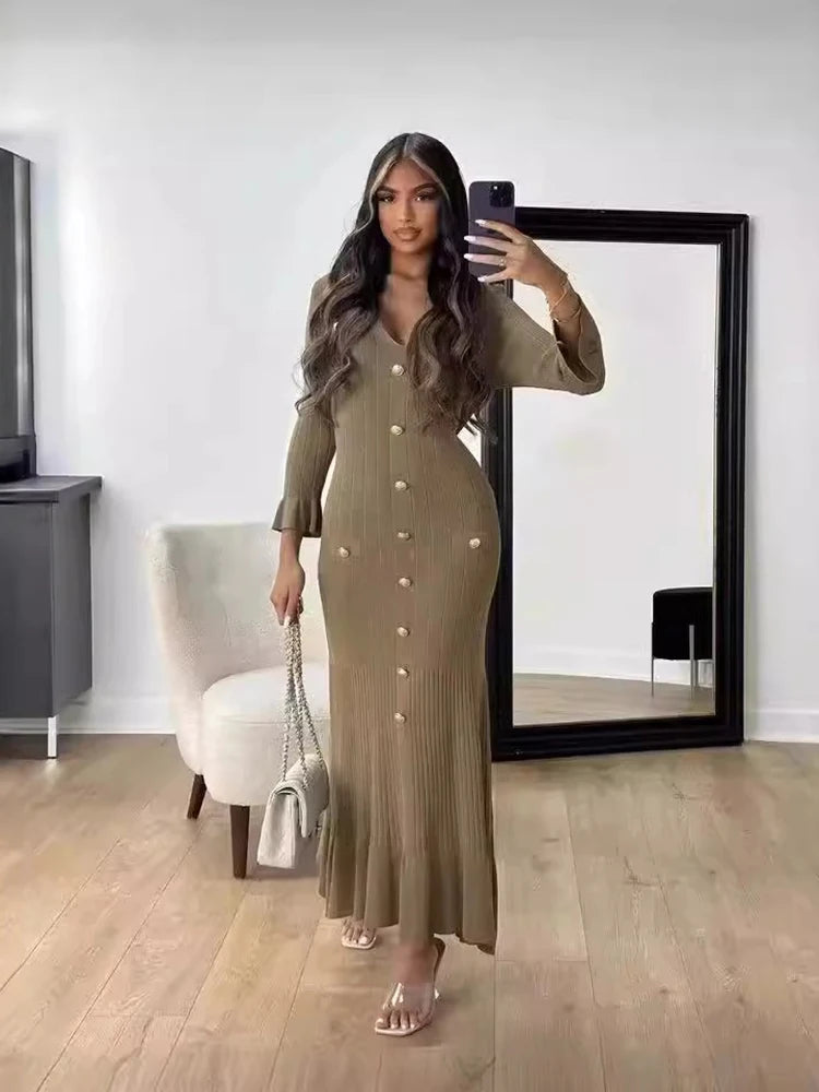 Robe longue tricotée élégante tenue de bureau, manches courtes, col en V, simple boutonnage, moulante