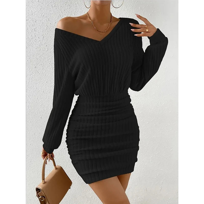 Robe Pull Femme Col V – Mini Robe Tricotée Moulante Automne Hiver