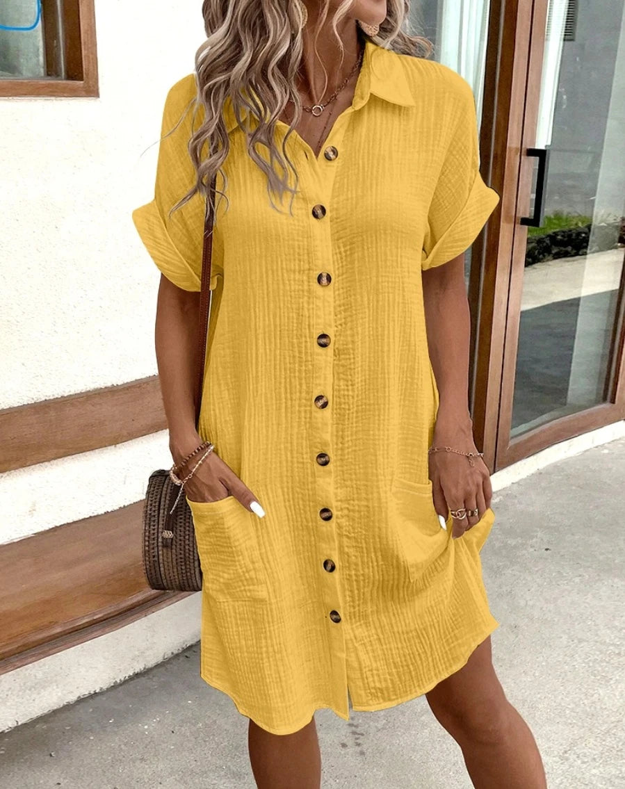 Robe Vintage Été – Coton et Lin, Couleur Unie, Col V, Manches 3/4, Décontractée et Élégante
