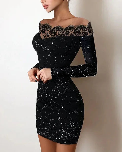 Robe Sexy Bord Dentelle À Manches Longues, Une Épaule Argent Poudre