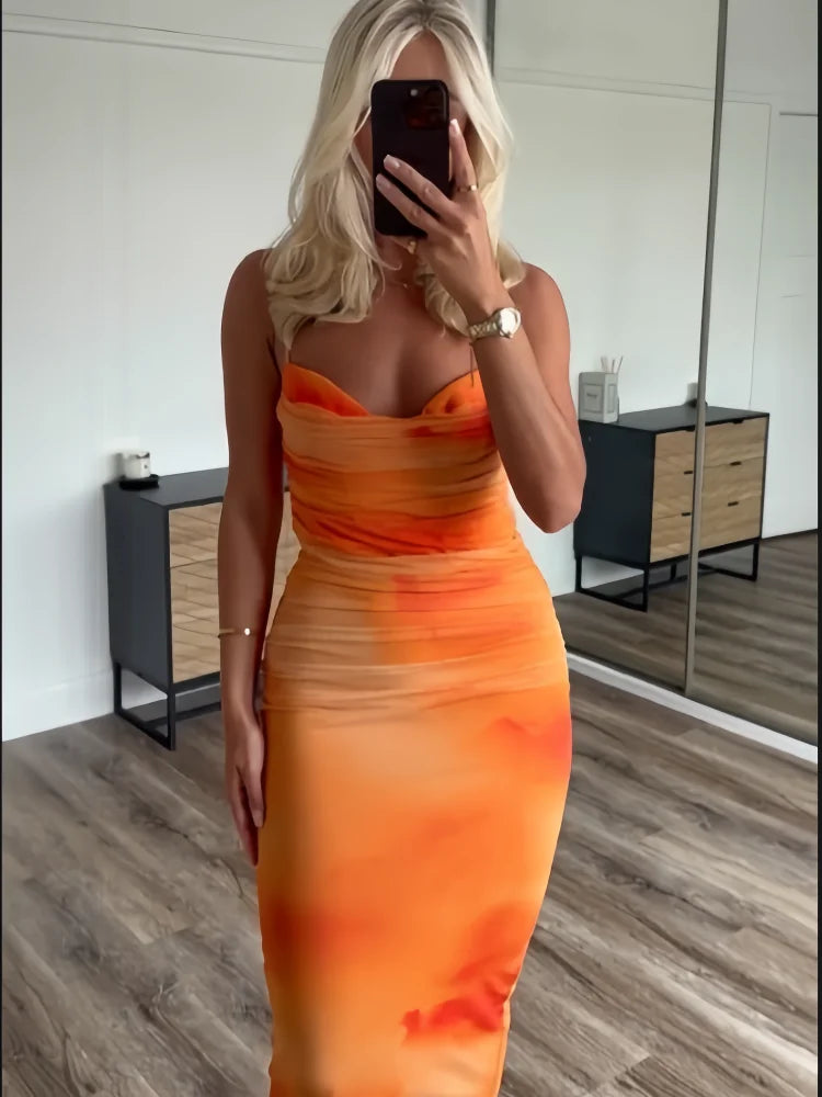 Robe à Bretelles en Maille de Soie Imprimée