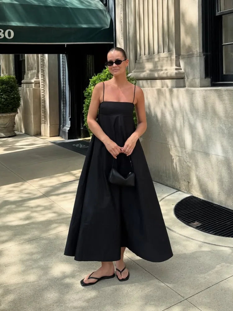Robe Longue Noire Dos Nu Femme – Décontractée Chic, Ample, Taille Haute, Col Carré, Vacances Été