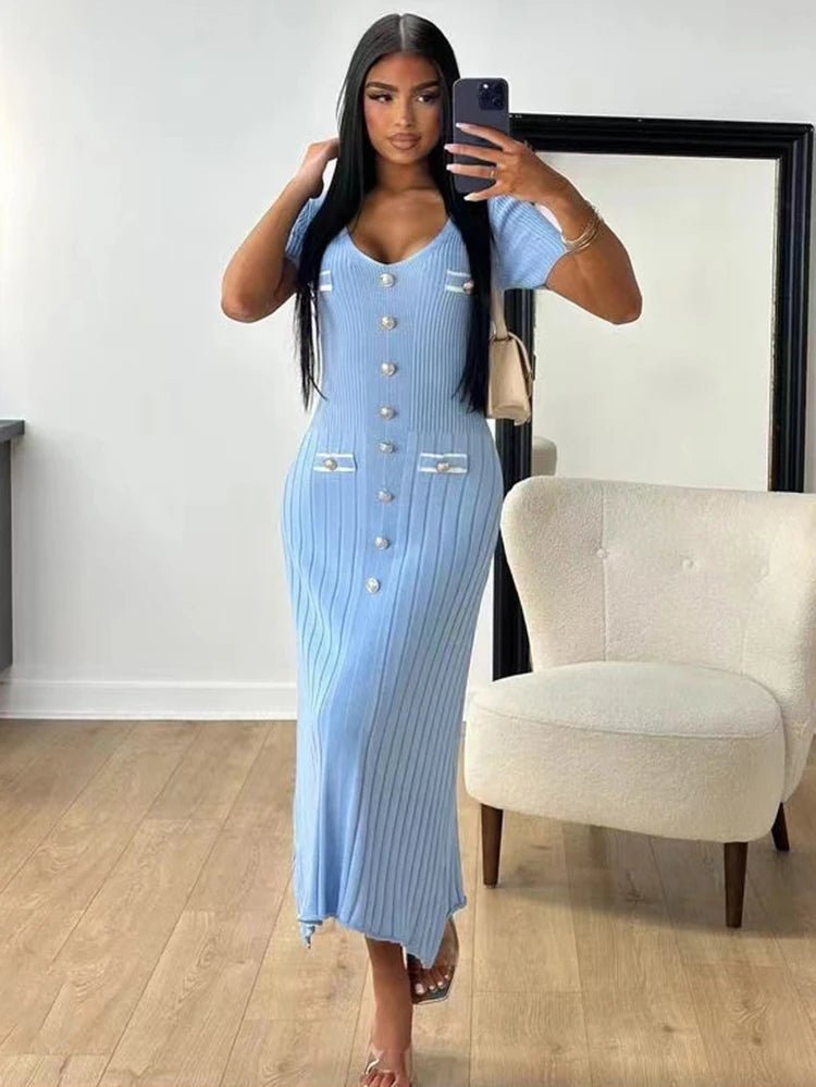 Robe longue tricotée élégante tenue de bureau, manches courtes, col en V, simple boutonnage, moulante
