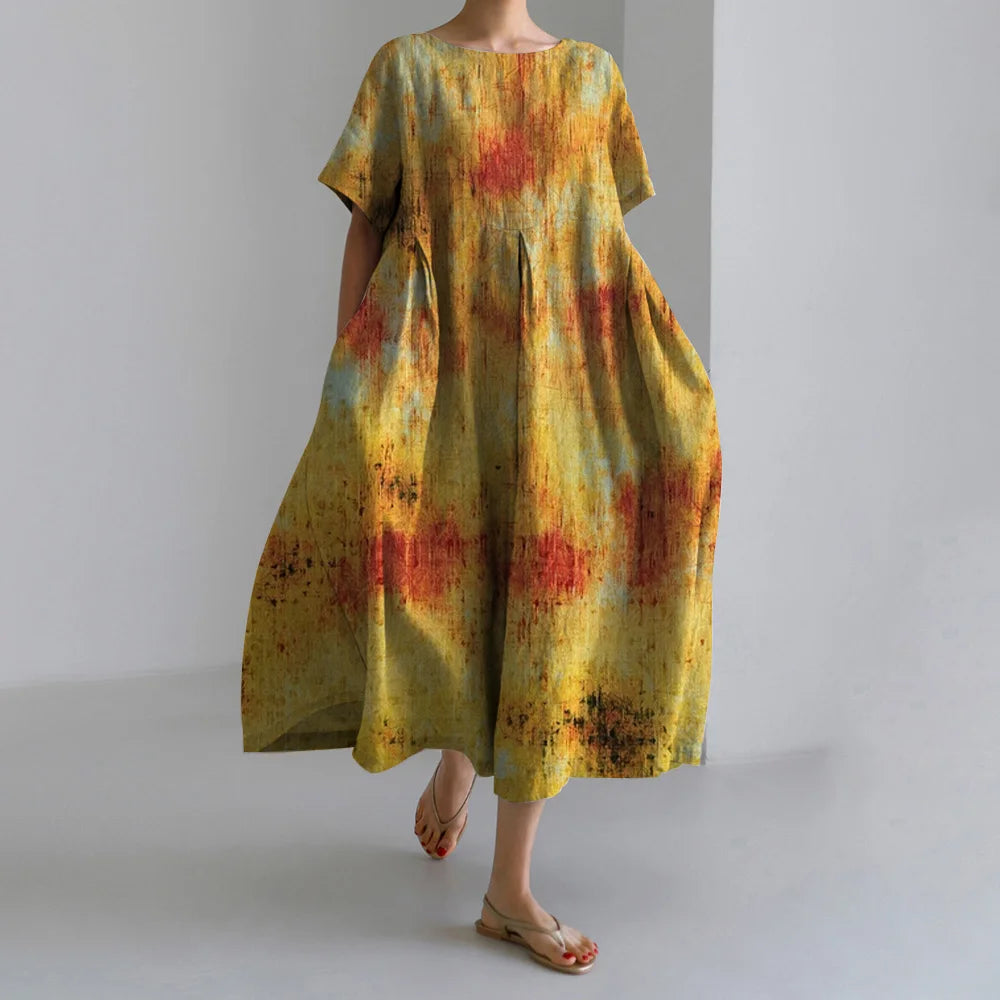 Robe À Manches Courtes Col Rond Vintage Floral Imprimé Été