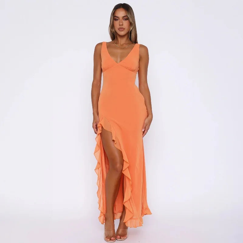 Robe de Soirée Sexy à Volants – Élégante, Col en V, Fendue