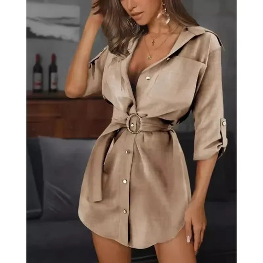 Robe Chemise à Manches Retroussées Polyvalente Mais à La Mode