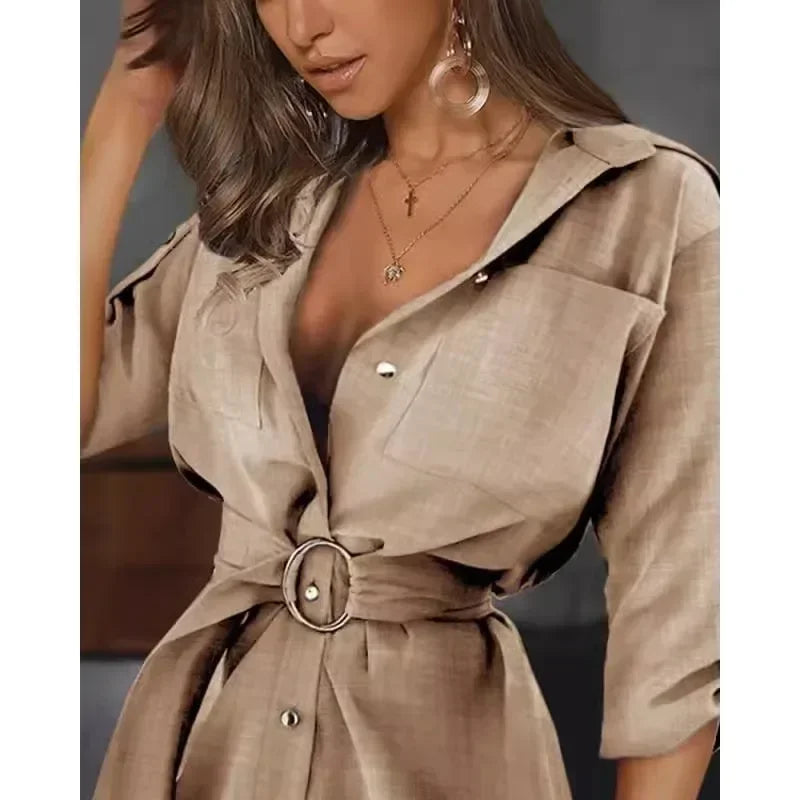 Robe Chemise à Manches Retroussées Polyvalente Mais à La Mode