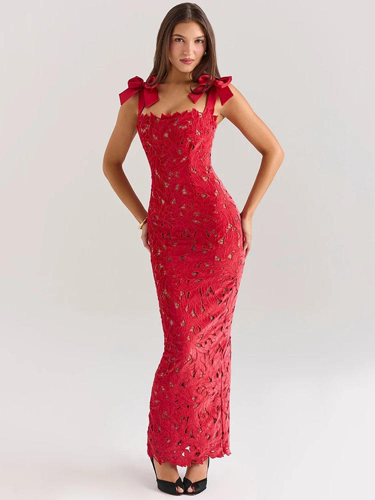 Robe Maxi Sexy en Dentelle avec Nœuds