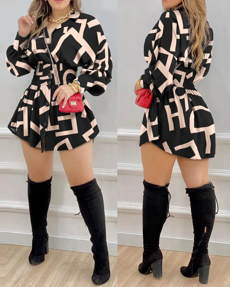 Robe Longue Solide & Ceinture Lettre Imprimé Lanterne Froncé