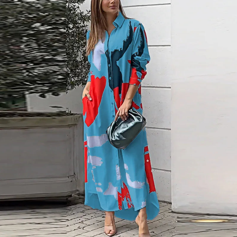 Robe Irrégulière Imprimé Avec Poche Longue Chemise À Poitrine Simple