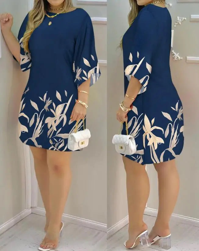 Robe Décontractée Européennes & Américaines Vêtements Col Bateau Vacances Casual Droites Mode Nouvelles Plantes Imprimer