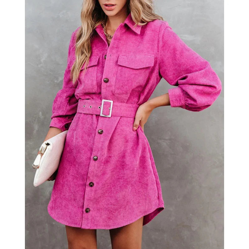 Robe Femme Velours Côtelé – Manches Longues Automne Hiver