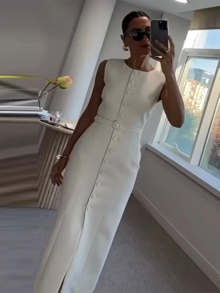 Robe Longue Femme – Décontractée, Unie, Sans Manches, Col Rond, Taille Cintrée  Lacets, Boutonnage, Chic