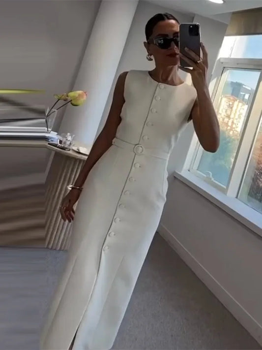 Robe Longue Femme – Décontractée, Unie, Sans Manches, Col Rond, Taille Cintrée  Lacets, Boutonnage, Chic