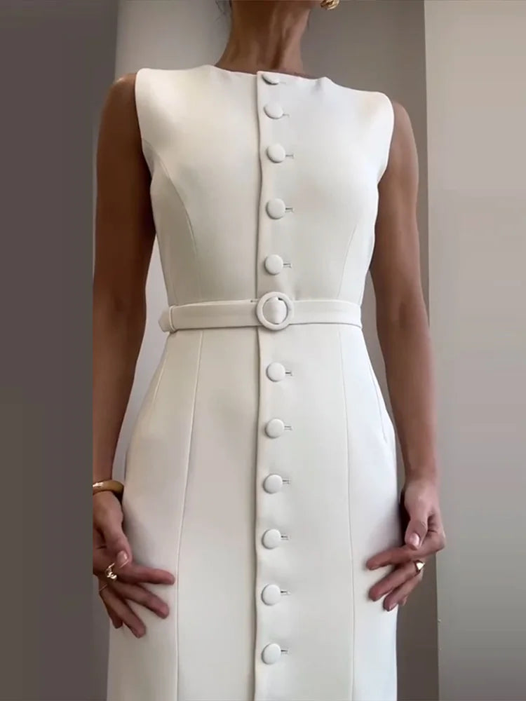 Robe Longue Femme – Décontractée, Unie, Sans Manches, Col Rond, Taille Cintrée  Lacets, Boutonnage, Chic