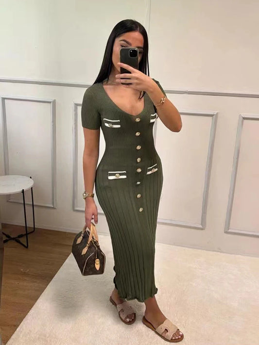 Robe longue tricotée élégante tenue de bureau, manches courtes, col en V, simple boutonnage, moulante