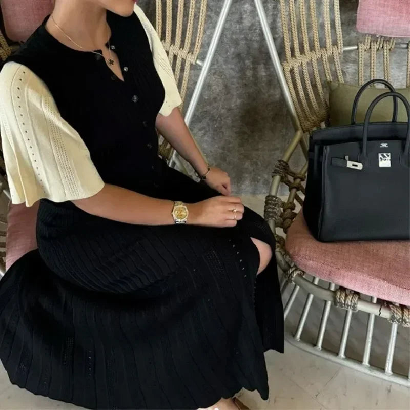 Robe longue en tricot à manches courtes, col rond, simple boutonnage