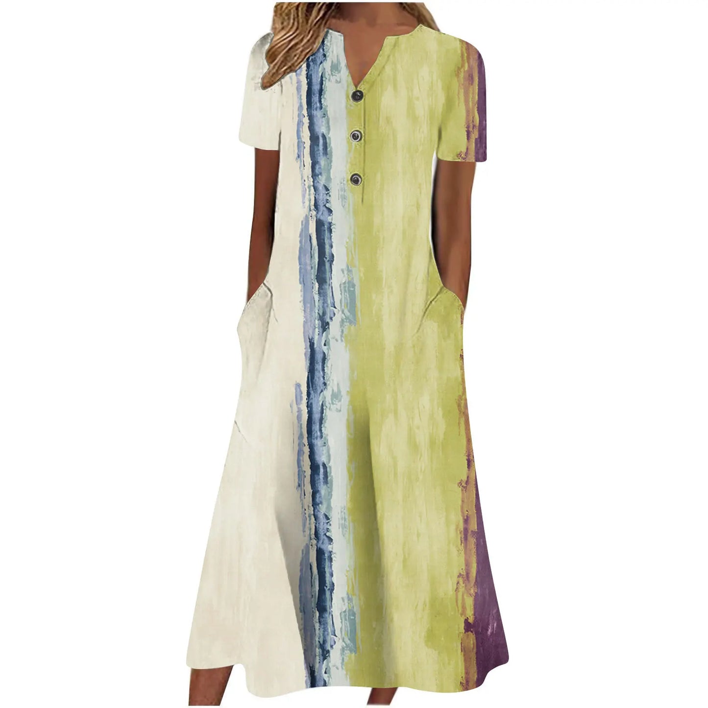 Robe V-Neck Bouton Manches Courtes  Elégant D’été Imprimé
