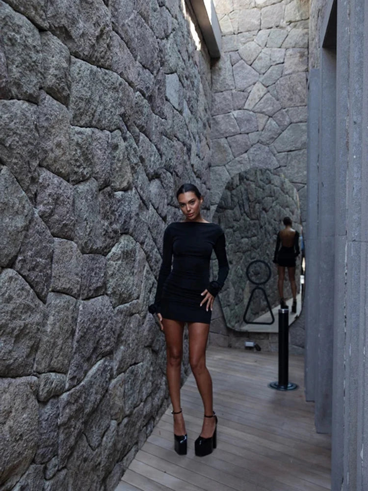 Robe moulante à manches longues pour femmes, Sexy, dos nu, moulante, Mini, pliable, robe de soirée