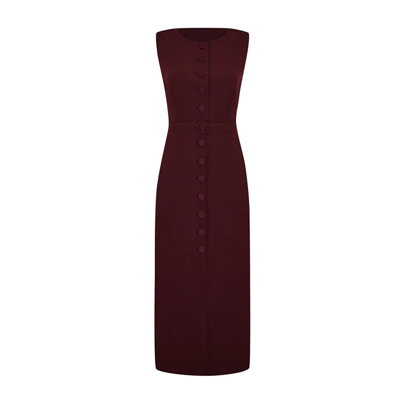 Robe Longue Femme – Décontractée, Unie, Sans Manches, Col Rond, Taille Cintrée  Lacets, Boutonnage, Chic