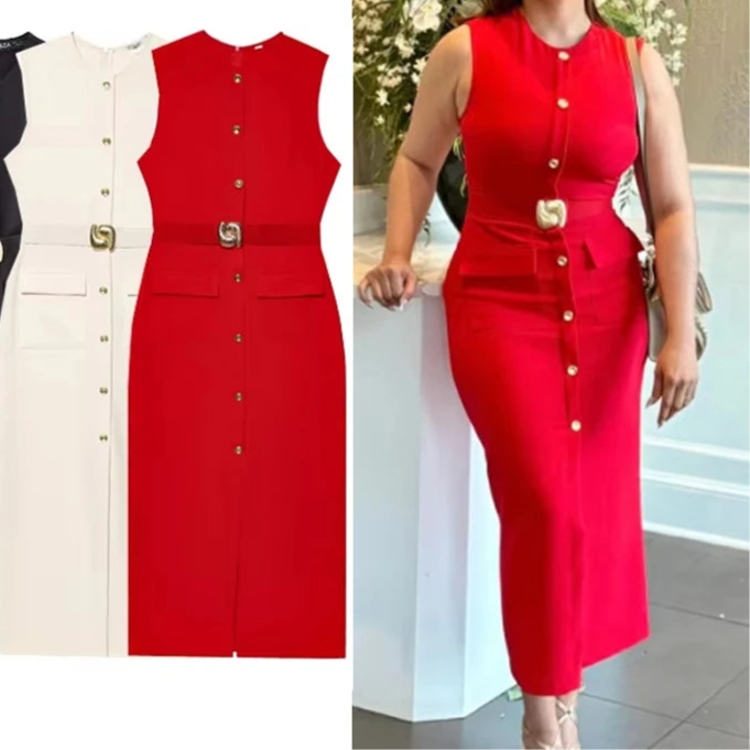 Robe Mi-Longue Sans Manches, Chic Bureau, Boutonnée avec Ceinture, Élégante & Décontractée