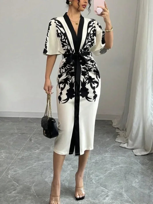 Robe Élégante Trapèze Femme – Col en V, Imprimé Floral, Taille Ceinturée, Style Bureau Urbain