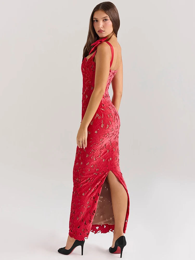 Robe Maxi Sexy en Dentelle avec Nœuds
