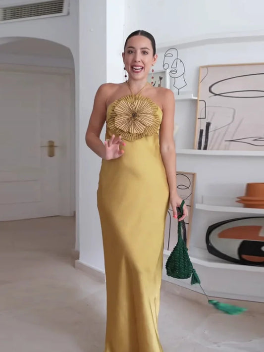 Robe de Soirée Satinée à Fleurs 3D