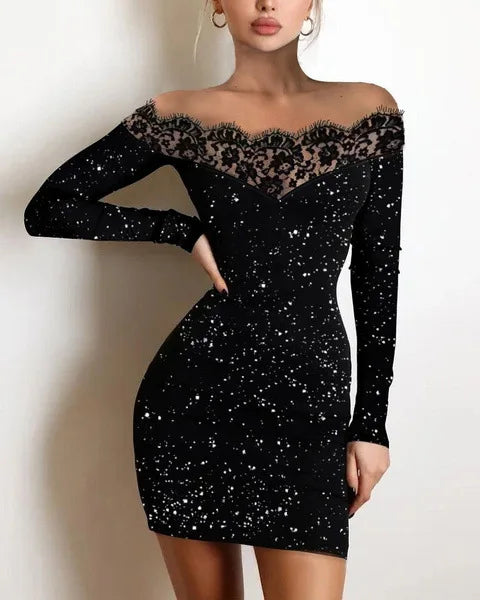 Robe Sexy Bord Dentelle À Manches Longues, Une Épaule Argent Poudre