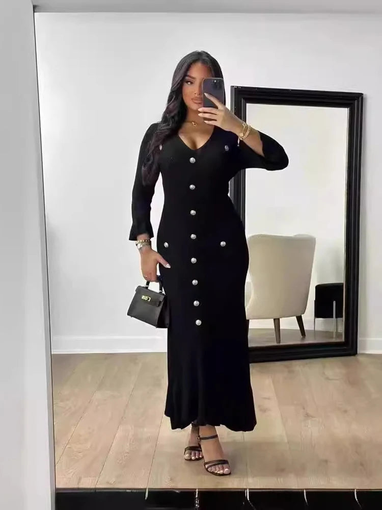Robe longue tricotée élégante tenue de bureau, manches courtes, col en V, simple boutonnage, moulante