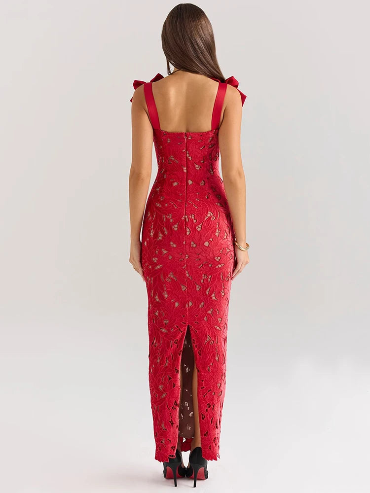 Robe Maxi Sexy en Dentelle avec Nœuds