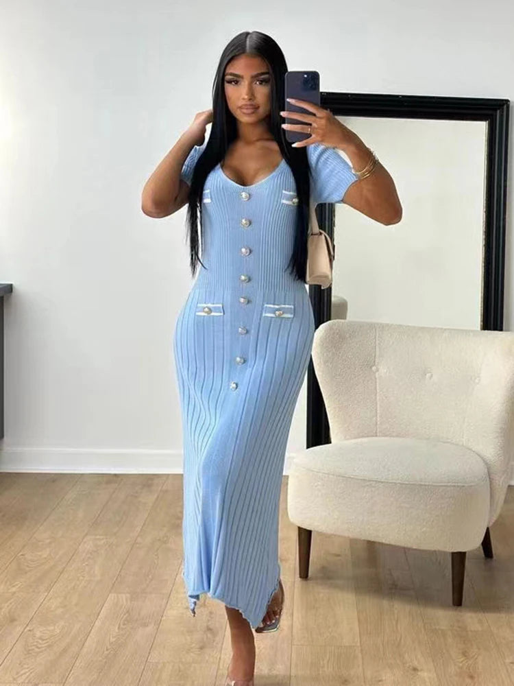 Robe longue tricotée élégante tenue de bureau, manches courtes, col en V, simple boutonnage, moulante
